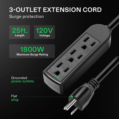 3-outlet extension cord with flat design showcasing 25 Ft Beefy Heavy Duty Extension Cord With 3 Outlet Power Strip 1800W Surge Protection 15A.