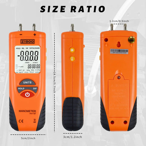 Digital Manometer For Air And Gas Pressure Testing With Dual Port Differential Gauge, 11 Units, Orange, Pro Grade Accuracy