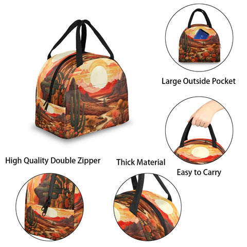 Desert Flower Cactus Insulated Lunch Bag with Padded Handle Leakproof Waterproof Lunch Tote showing features and design.