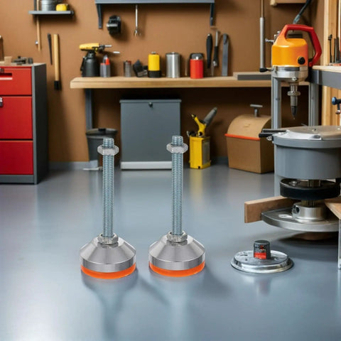 Heavy Duty Adjustable Leveling Feet With Swivel Bottoms And Thick Rubber Non Slip Grip For Shop Tables Tough Carbon Steel Frame Rock Solid Setup Protection Two Piece Bundle on workshop floor