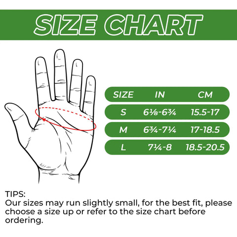 Size chart for Women Work Gloves With 3D Mesh Breathable Leather for Gardening and Yard Work, hand measurement guide included.