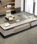 Standing Computer Desk Heavy Duty Executive Table With Wide Stable Top For Home Workspace Remote Hustle Gaming Setup And Everyday Grind Tasks Boss Vibes Workstation in a modern office setting.