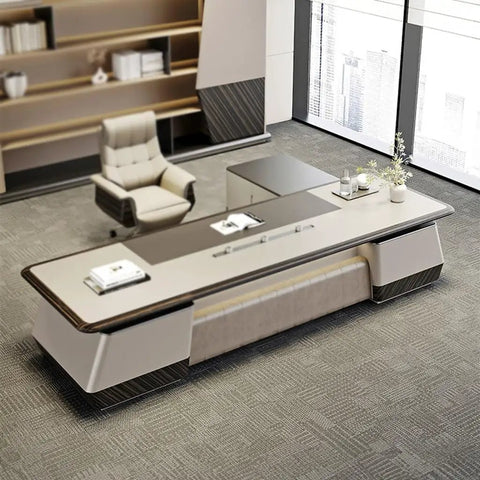 Standing Computer Desk Heavy Duty Executive Table With Wide Stable Top For Home Workspace Remote Hustle Gaming Setup And Everyday Grind Tasks Boss Vibes Workstation in a modern office setting.