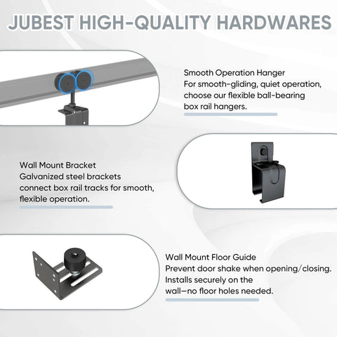 10 Foot Box Rail Exterior Barn Door Hardware Kit For Two Doors System Wall Mount Sliding Track Kit Black Heavy Duty Galvanized Steel Supports Doors Up To 450 Lbs Panels From One Three Eighths To One Three Quarter Inches Thick Doors Not Included components close-up with brackets and hangers.