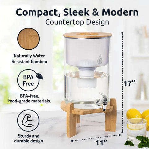 Glass Alkaline Water Dispenser With pH Up To Nine And Filter System, countertop design with bamboo base, 17x11 inch dimensions.