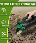 Adjustable Handheld Seed Shaker Spreader for Lawn Care with 90 Ounce Capacity, Black and Green Design, Used on Soil