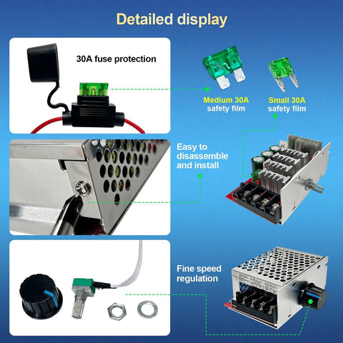 Detailed display of Brushed DC Motor PWM Speed Controller 7-70V 30A Adjustable Variable Speed Module with brake switch and dual fuse protection