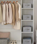 Five Grid Wardrobe Organizer For Folded Clothes And Jeans Stackable Closet Drawer Storage In Gray, integrated in a closet setup.