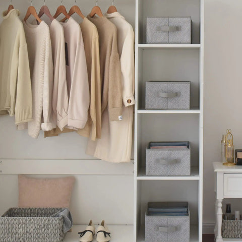 Five Grid Wardrobe Organizer For Folded Clothes And Jeans Stackable Closet Drawer Storage In Gray, integrated in a closet setup.