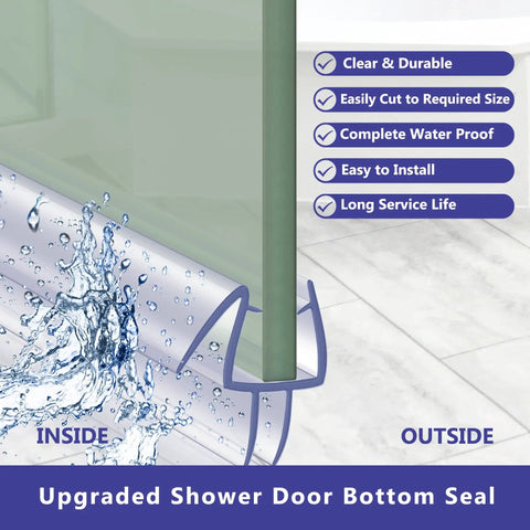 Two Pack Shower Door Bottom Seal With Internal Grips And Sweep Strip For Frameless Glass Doors Clear Vinyl Adjustable Length