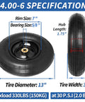 4.00-6 Wheelbarrow Tire And Wheel With Pneumatic Tire, Five Eighth Inch Bearings, 1.75 Inch Hub, side and front view specifications