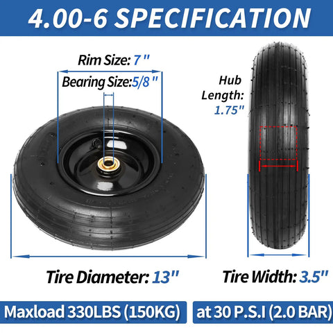 4.00-6 Wheelbarrow Tire And Wheel With Pneumatic Tire, Five Eighth Inch Bearings, 1.75 Inch Hub, side and front view specifications