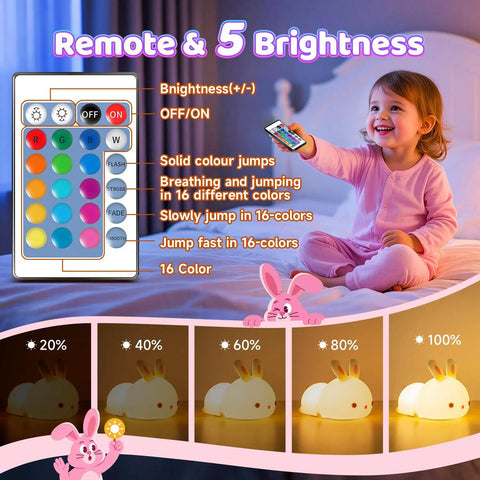 Child using remote to adjust Bunny Squishy Night Light For Kids With Remote, 16 Colors And 5 Brightness Levels, soft glow bunny.