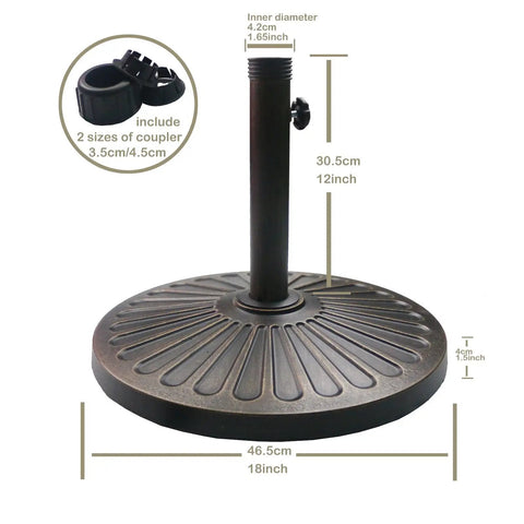 Heavy Duty Round Antiqued Bronze Umbrella Base, 18 Inch, 30.2 Lb Resin Patio Outdoor Stand with Decorative Pattern, Weather Resistant