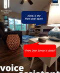 Living room with LoRa Smart Door And Window Sensor 3 Pack With Long Battery Life And Door Left Open Reminders, smart speaker on table.
