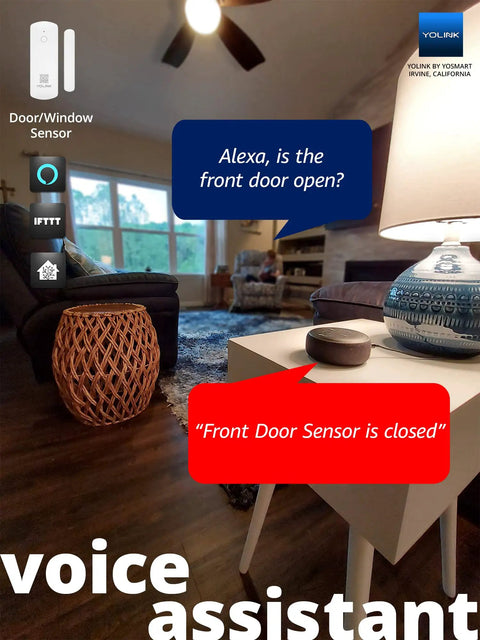 Living room with LoRa Smart Door And Window Sensor 3 Pack With Long Battery Life And Door Left Open Reminders, smart speaker on table.
