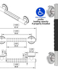 Diagram and side view of 1-1/4 X 24 Inch Stainless Steel Bath Safety Grab Bar With No Slip Rubber Grip ADA Compliant 500 Lb Load