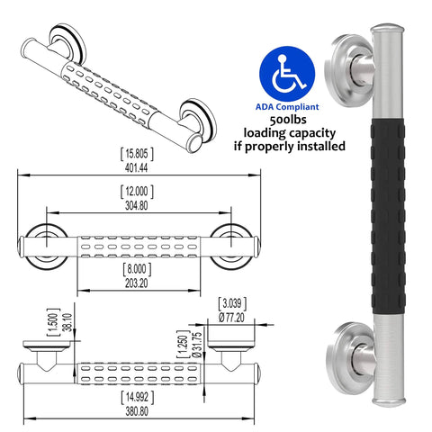 Diagram and side view of 1-1/4 X 24 Inch Stainless Steel Bath Safety Grab Bar With No Slip Rubber Grip ADA Compliant 500 Lb Load