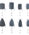 Eight Piece Pro Grade Aluminum Oxide Mounted Grinding Stones Set With One Quarter Inch Hex Shank For Electric Rotary Tools Drills And Grinders Cone And Cylindrical Shapes For Precise Grinding Shaping And Deburring, showing different shapes and sizes of grinding stones with labeled dimensions.