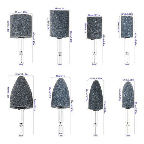Eight Piece Pro Grade Aluminum Oxide Mounted Grinding Stones Set With One Quarter Inch Hex Shank For Electric Rotary Tools Drills And Grinders Cone And Cylindrical Shapes For Precise Grinding Shaping And Deburring, showing different shapes and sizes of grinding stones with labeled dimensions.