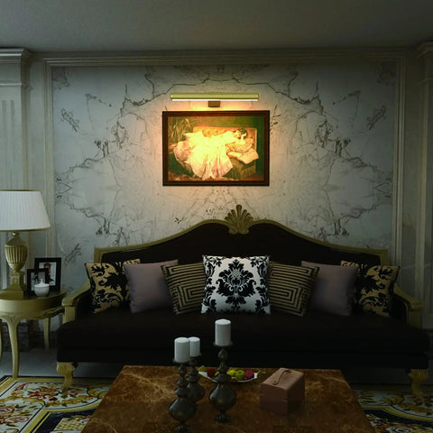 Rechargeable Cordless Picture Light With Remote Control above framed art in elegant living room, illuminating painting
