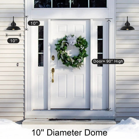 Front porch with Outdoor Gooseneck Barn Light With Dusk To Dawn Sensor Matte Black Exterior Wall Mount Fixture For Porch Patio And Garage No Fuss Waterproof Farmhouse Sconce 2 Pack shown on either side of door with wreath.