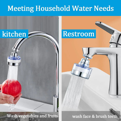 2 Pack 360 Degree Rotating Faucet Filter Purifier for Kitchen and Bath removes chlorine, shown on kitchen and restroom faucets.