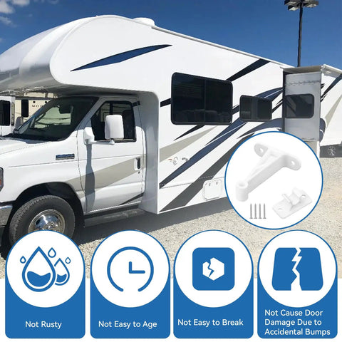 Heavy Duty RV Door Holder Clip Keeps Camper Entry Door Open In Windy Weather Wind Resistant 3 Inch White Door Catch shown with RV