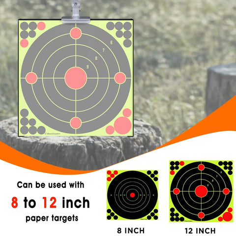 Outdoor Pellet Gun Target Trap With Center Shot Includes 12 Paper Targets And 4 Resetting Metal Targets display on stump