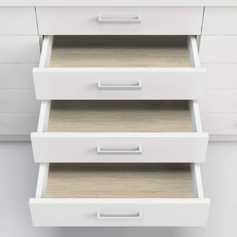 White drawers lined with Cream Tibetan Faux Grasscloth Peel And Stick Wallpaper, Neutral Textured Grasscloth Look For Walls.