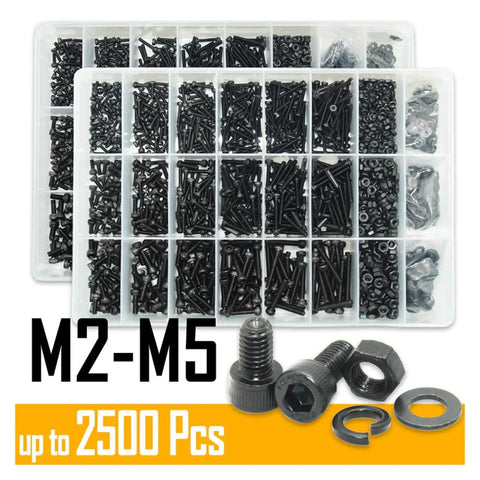 Heavy Duty 12.9 Grade Black Hex Socket Cap Screws Nuts Set M2.5 To M6 DIN912 2500Pcs Mixed Sizes High Strength Carbon Steel With Wear Resistant Black Finish Anti Rust And Anti Oxidation Includes Matching Nuts For Wide Assembly Use M3 M4 M5 in organizer tray, M2-M5