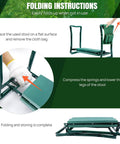 Folding instructions for Foldable Garden Kneeler Seat With Handles And Tool Bags, showing step-by-step how to fold and store the stool.