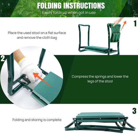 Folding instructions for Foldable Garden Kneeler Seat With Handles And Tool Bags, showing step-by-step how to fold and store the stool.