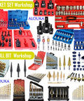 Collage of Rugged 10 Piece Impact Swivel Socket Set with CrMo Steel and drill bit workshop display.