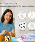 Woman crocheting with Deluxe Beginner Crochet Kit Bundle With 116 Piece Set Of 20 Colorful Yarns Ergonomic Hooks Purple Carry Bag
