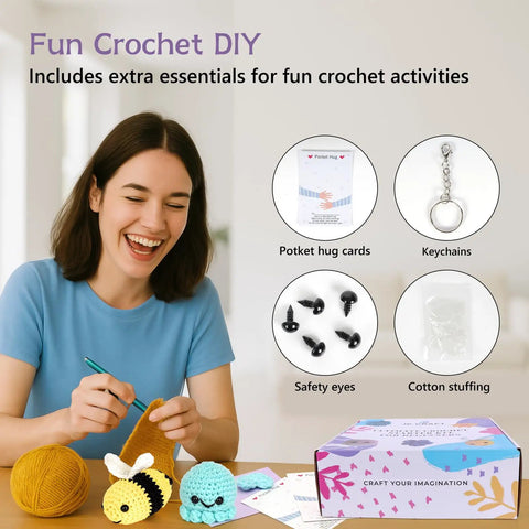 Woman crocheting with Deluxe Beginner Crochet Kit Bundle With 116 Piece Set Of 20 Colorful Yarns Ergonomic Hooks Purple Carry Bag