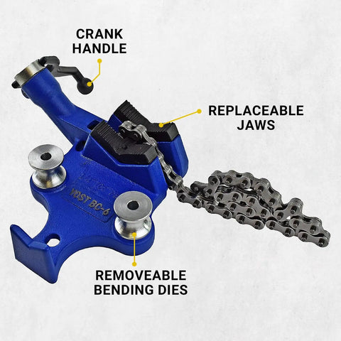 6 Inch Bench Chain Vise For Heavy Duty Pipe Work, 1/4 To 6 Inch Clamp Capacity, Cast Iron Body, Blue, top view features labeled