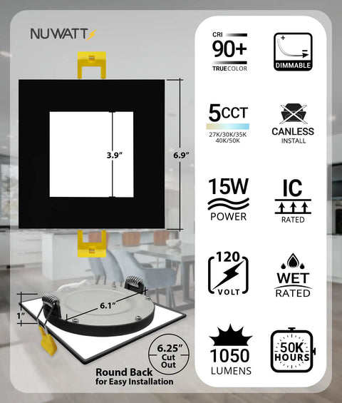 Six Pack 6 Inch Ultra Thin LED Recessed Lighting With Five CCTs Selectable Black Slim Wafer Light IC Rated Metal Junction Box
