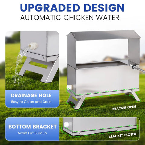 1.6 Gallon Automatic Chicken Waterer, Stainless Steel Poultry Dispenser with float valve, drainage hole, and bottom bracket