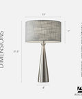 Linda 21.5 Inch Table Lamp In Brushed Steel With Light Gray Textured Fabric Shade, front view with dimensions