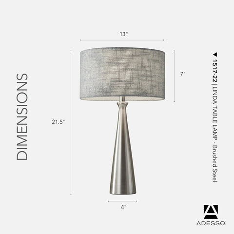 Linda 21.5 Inch Table Lamp In Brushed Steel With Light Gray Textured Fabric Shade, front view with dimensions