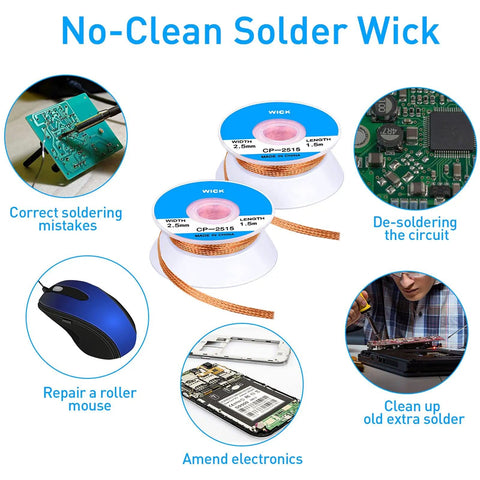 Six Pack 5Ft Solder Wick Braided Desoldering Wicks With Flux No Clean For Electronics PCB Repair Blue 0.1 Inch Wide, uses