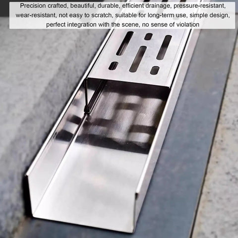 Close-up of Stainless Steel Trench Drain Kit For Outdoor Patio Deck Yard And Driveway Built To Last Heavy Duty French Drain