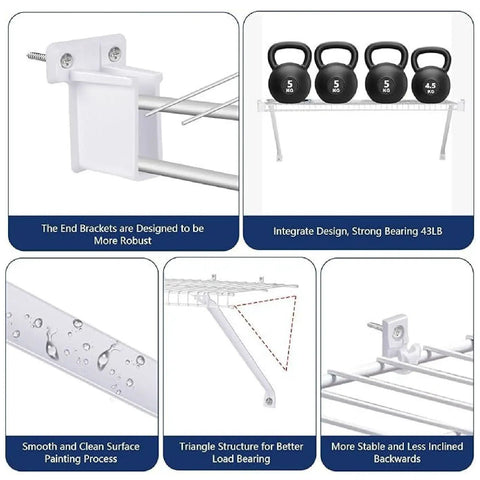 Beefy Heavy Duty Steel Wire Shelf Brackets Set With 6 Clamps And 2 End Brackets For 12 Inch Wire Shelves, shown with weights