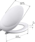Revival Collection Elongated Toilet Seat Featuring Polished Chrome Hinges Molded Wood Build Soft Close Lid Easy Install Comfy Upgrade For Revival Toilets with size dimensions.