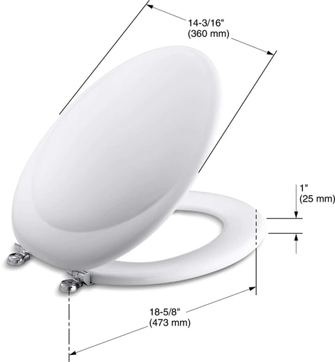 Revival Collection Elongated Toilet Seat Featuring Polished Chrome Hinges Molded Wood Build Soft Close Lid Easy Install Comfy Upgrade For Revival Toilets with size dimensions.