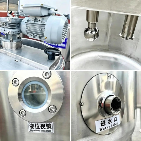 Top Shelf Heavy Duty 500L Milk Pasteurizer Machine For Commercial Dairy Plants Featuring Pro Level Automatic Temperature Regulation And Plug And Play Yogurt Production Integration, showing motor, water inlet, and sight glass.