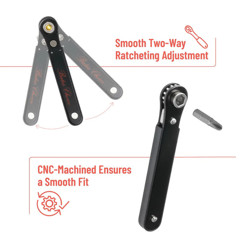 Top Shelf Mini Ratchet Set, 34 Piece Cr-V Steel Kit With Security Bits And Right Angle Screwdriver Adapter shown with smooth ratcheting tool.