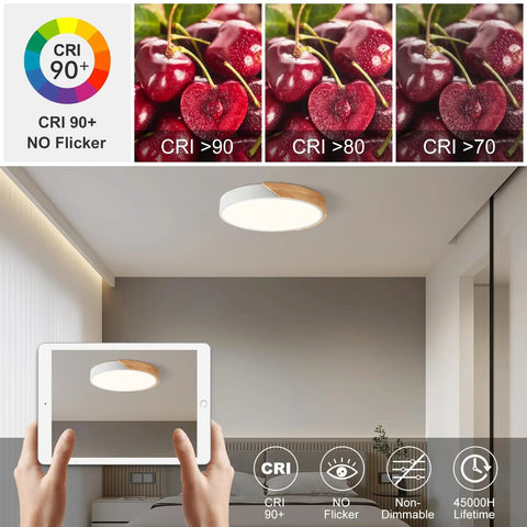 Modern LED Ceiling Light With Wood Flush Mount Design, Circular Lighting Fixture With Acrylic Lampshade, 4000K Neutral White