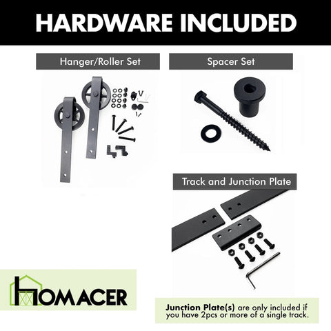 Components of Black Rustic Non Bypass Sliding Barn Door Hardware Kit Tough As Nails Built To Last For Two Doors Six Point Six Feet Long Flat Track With Spoke Wheel Rollers Heavy Duty For Indoor And Outdoor Use.